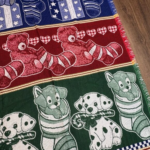 American Weavers Throw Blanket Tapestry Puppy Teddy Stockings USA Holiday VTG - Picture 4 of 7